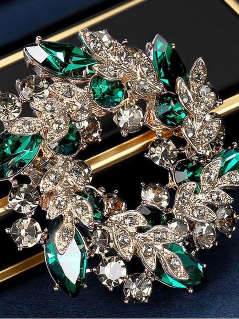 Anthropologie Emerald and Clear Crystal Wreath Brooch